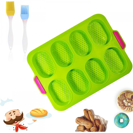 Forme de Silicon pentru Copt, , 8 Forme Ovale, pentru Paine si Prajituri, 34.5 x 23.8 x 2.5 cm, Verde/Roz [5]