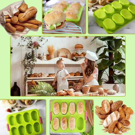 Forme de Silicon pentru Copt, , 8 Forme Ovale, pentru Paine si Prajituri, 34.5 x 23.8 x 2.5 cm, Verde/Roz [3]