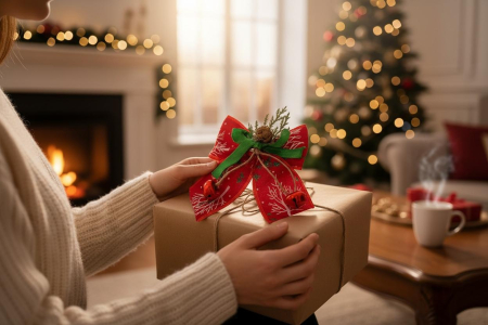 Fundita Decorativa Craciun Rosie – Conuri Naturale si Clopotei Metalici – Decor Usa Cadouri 17x15cm [1]