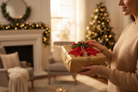 Fundita Decorativa Craciun Rosie – Conuri Naturale si Clopotei Metalici – Decor Usa Cadouri 17x15cm [1]