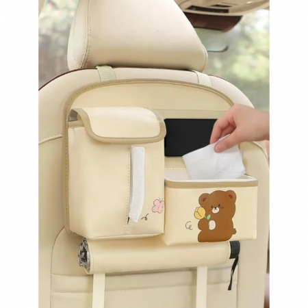 Geanta Multifunctionala de Depozitare, , pentru Bancheta din Spate a Masinii, Animat, Model Ursuleti, Scris Good Day, Suport Servetele si Telefon, 25x31 cm, Bej [6]