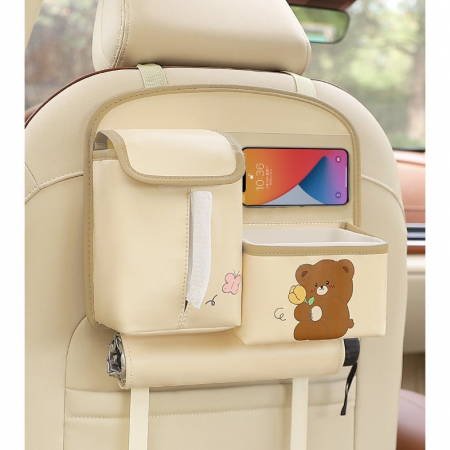 Geanta Multifunctionala de Depozitare, , pentru Bancheta din Spate a Masinii, Animat, Model Ursuleti, Scris Good Day, Suport Servetele si Telefon, 25x31 cm, Bej [2]