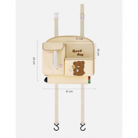 Geanta Multifunctionala de Depozitare, , pentru Bancheta din Spate a Masinii, Animat, Model Ursuleti, Scris Good Day, Suport Servetele si Telefon, 25x31 cm, Bej [5]