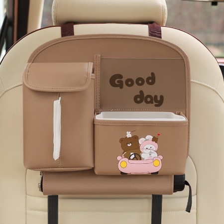 Geanta Multifunctionala de Depozitare, , pentru Bancheta din Spate a Masinii, Animat, Model Ursuleti, Scris Good Day, Suport Servetele si Telefon, 25x31 cm, Maro [3]