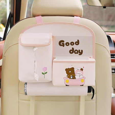 Geanta Multifunctionala de Depozitare, , pentru Bancheta din Spate a Masinii, Animat, Model Ursuleti, Scris Good Day, Suport Servetele si Telefon, 25x31 cm, Roz [3]