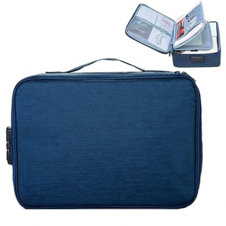 Geanta  pentru Depozitare Acte si Documente, Facturi, Carduri, cu Cod de Securitate, 2 Compartimente, Impermeabila, 37 x 10.5 x 27 cm, Albastru Marin [4]