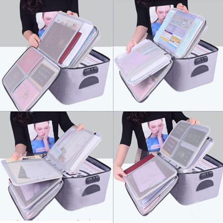 Geanta  pentru Depozitare Acte si Documente, Facturi, Carduri, cu Cod de Securitate, 5 Compartimente, Impermeabila, 37 x 20 x 27 cm, Gri [9]