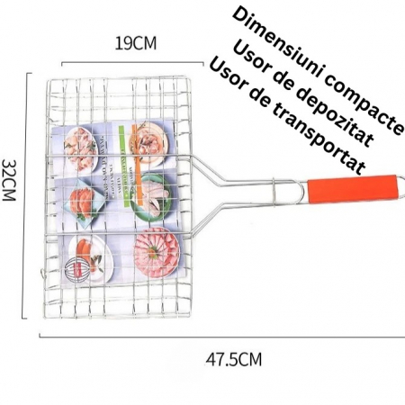 Gratar pentru Peste si Carne, , Suprafata Utila 32x19 cm, Otel Inoxidabil, cu Maner, Portabil, Argintiu [6]