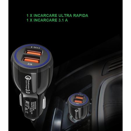 Incarcator Auto, , Pentru Bricheta, Incarcare Rapida, Interfata USB, 12V-24V, Negru [3]