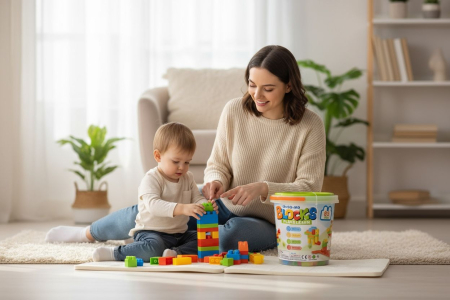 Set Blocuri de Construit Play & Learn – 85 Piese – Galetusa din Plastic – Dimensiuni Mari , 23.5x23cm [1]