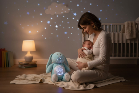 Iepuras de plus cu proiectie lumini si sunete linistitoare pentru bebelusi, 26x20x14cm [2]