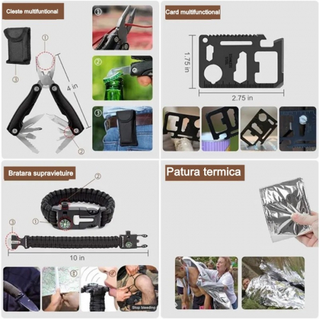 Kit supravietuire multifuncional , 42 de Instrumente Profesionale, Echipament de prim-ajutor, Drumetie, Camping [1]