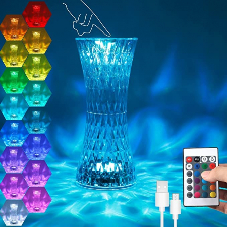 Lampa de birou pe LED RGB 16, , dimmer tactil, 3 nivele de intensitate, incarcare USB, 3W, Cristal Acrilic, 8x19 cm, cu telecomanda, forma vaza, model 2, transparent [4]