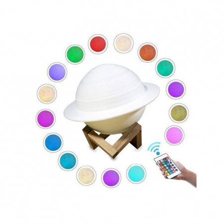 Lampa de veghe cu telecomanda in forma de Saturn 3D Saturn Light 16 culori, alimentare baterii, stand lemn inclus, 15 cm,  [2]