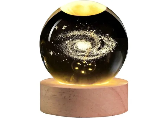 Articole pentru Casa Engros - Lampa de veghe Glob Cristal 3D cu Galaxie, 6cm, lumina calda ambientala, cu baza din lemn, decor pentru dormitor si birou, 