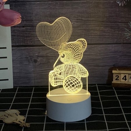 Lampa LED decorativa, , 3D, Ursulet cu balon inima, cu telecomanda, doua moduri de alimentare USB si baterii, 20 cm inaltime, din material acril si lumina multicolora, alb [1]