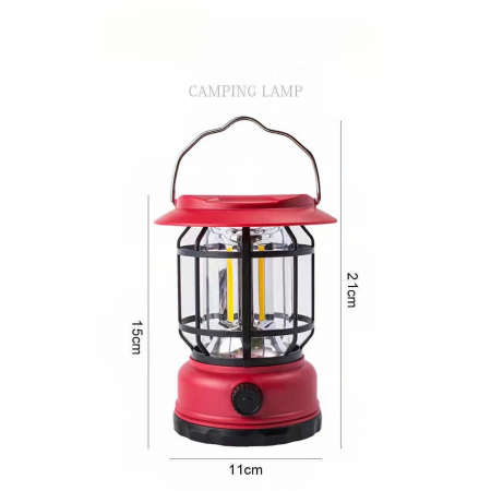 Lampa portabila camping, Felinar Vintage, ABS, Iluminare 30 COB LED, Intensitate reglabila, Acumulator inclus, Incarcare Solara si USB, 5W, , Rosu [4]