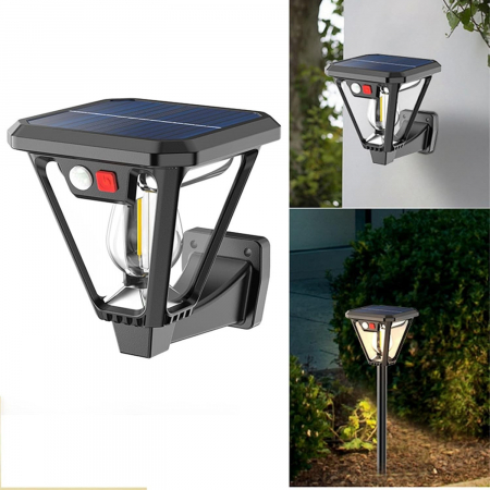 Lampa Solara LED, , Tip Felinar, pentru Perete/Sol, 10.8 x 12.3 x 46 cm, 3 Moduri, Lumina Calda, din ABS si PP, Negru [8]