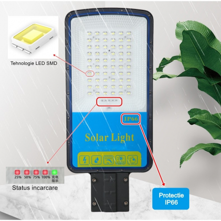 Lampa solara stradala , IP66, senzor de lumina, 240 LED-uri SMD, 3200 lm, panou 35W, putere 400W, autonomie 12-16 ore, telecomanda, montare prin fixare, pentru strada sau gradina, finisaj mat, materia [2]