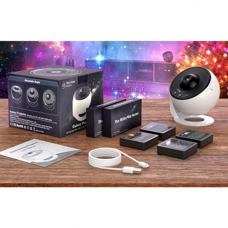 Lampa Tip Proiector Galaxie, , pentru Dormitor, Tematica Cer Instelat, Model Glob, HD, Rotire 360 de Grade, 20 de Imagini, Incarcare USB, 10 W, 15x15 cm, Alb Negru [10]