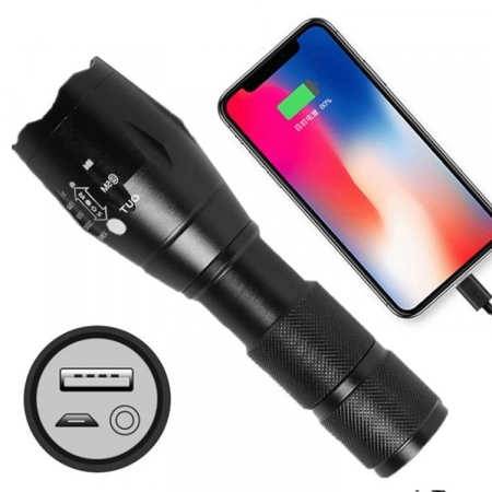 Lanterna Power Bank LED, , Incarcare USB, Raza 300m, 5W, Model T9 Telescopic 14.7 -15.7 cm, Functie Zoom si Incarcare Telefon, Negru [5]