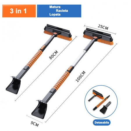 Lopata pentru zapada , 3 in 1, Perie si Racleta, Rotativa, Telescopica, Detasabila, Material Aluminiu si ABS, 100 x 25 cm, negru [1]