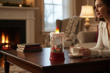 Lumanare decorativa Craciun cu lumini LED si colinde, efect ninsoare, baterii si acumulator, 28x15x11cm [2]