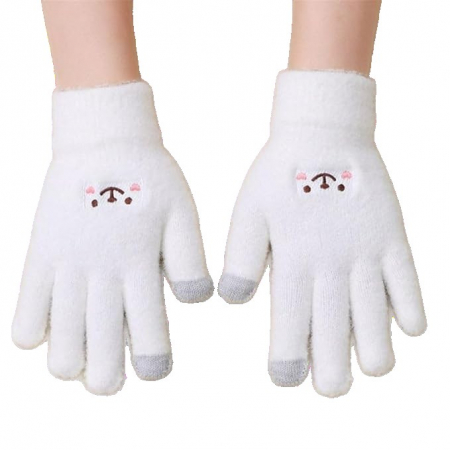 Haine si accesorii Engros - Manusi Dama, , Model Fata Zambitoare, Functie Touchscreen (ecran tactil), Material Lana Brodata, Manseta Elastica, Interior Pufos, Marime Universala, Alb