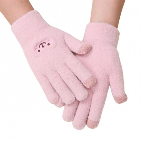 Haine si accesorii Engros - Manusi Dama, , Model Fata Zambitoare, Functie Touchscreen (ecran tactil), Material Lana Brodata, Manseta Elastica, Interior Pufos, Marime Universala, Roz