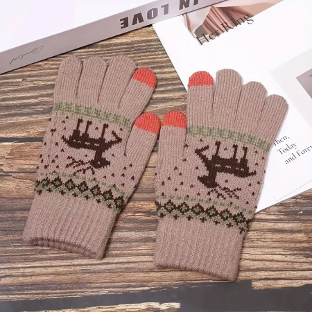 Manusi de Dama, , Model Ren, Functie Touchscreen (ecran tactil), Material Acril Tricotat, Manseta Elastica, Interior Catifelat, Marime Universala, Kaki [9]