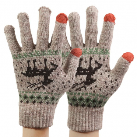 Manusi de Dama, , Model Ren, Functie Touchscreen (ecran tactil), Material Acril Tricotat, Manseta Elastica, Interior Catifelat, Marime Universala, Kaki [2]
