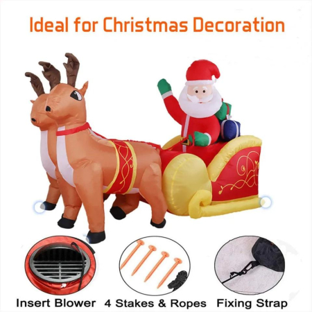 Mos Craciun Gonflabil in Sanie cu Ren – Decor Exterior Craciun 180cm LED Ventilator Inclus [1]