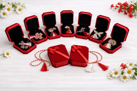 Pachete Promotionale - Set 9 brose martisor elegante, in cutii rosii cu funda – modele florale si fluturi