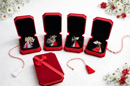 Set 9 brose martisor elegante, in cutii rosii cu funda – modele florale si fluturi [2]