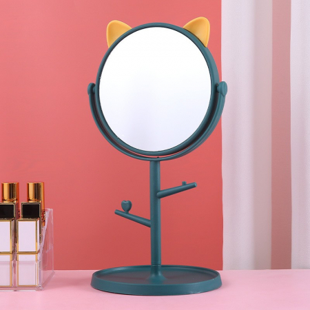 Ingrijire personala si cosmetice Engros - Oglina Cosmetica cu Picior, , HD, Rotire 360 Grade, 15 cm Diametru, Suport Bijuterii Baza Rotunda + 2 Brate, Model cu Urechi, 31 x 14.5 x 15 cm, din Plastic, Albastru/Galben