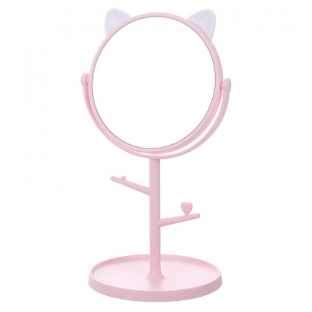 Ingrijire personala si cosmetice Engros - Oglina Cosmetica cu Picior, , HD, Rotire 360 Grade, 15 cm Diametru, Suport Bijuterii Baza Rotunda + 2 Brate, Model cu Urechi, 31 x 14.5 x 15 cm, din Plastic, Roz/Alb