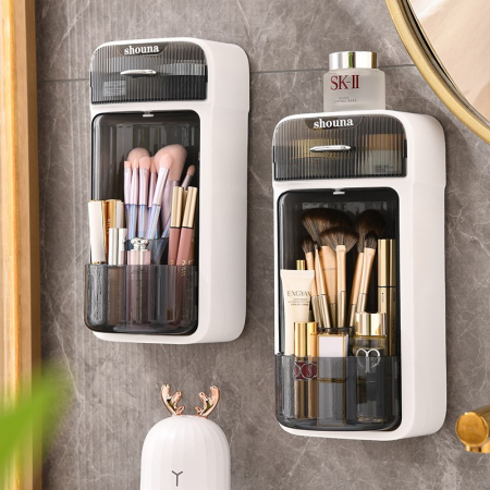 Organizator Baie, , 4 Compartimente si 1 Sertar, Rotire 360 Grade, din PP+PET, 27.5 x 16 x 11 cm, Alb/Negru [1]