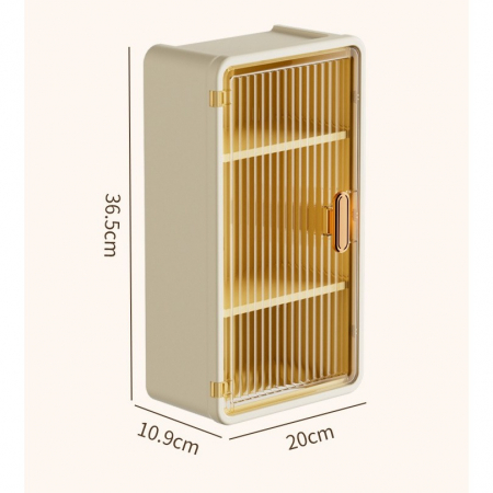 Organizator Cosmetice, , Montare pe Perete fara Perforare, 36.5x10.9x20 cm, cu 3 Rafturi, din PP si ABS, Bej, Usa Transparenta [2]