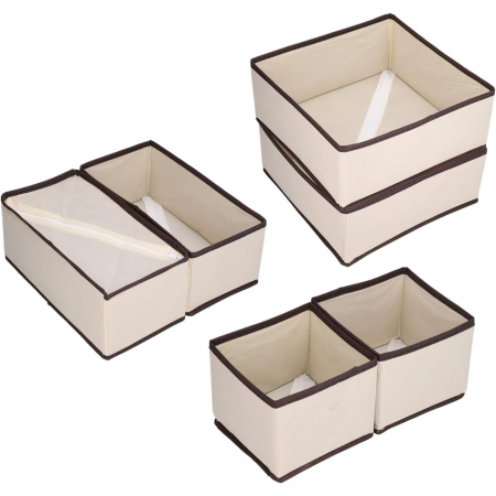 Organizator pentru Sertar, , 3 Marimi, pentru Lenjerie, Tricouri, Sosete, 6 Piese, Pliabil, Stivuibil, din Tesatura, Alb/Maro [1]