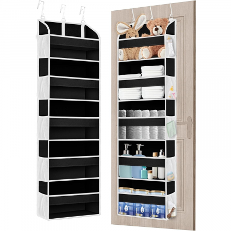 Organizator Suspendat pentru Usi, , din Nailon si Plasa, Baza de Carton Ingrosat, 5 Buzunare Principale + 10 Buzunare Laterale, 140 x 39 x 17 cm, 3 Carlige Incluse, Negru [2]