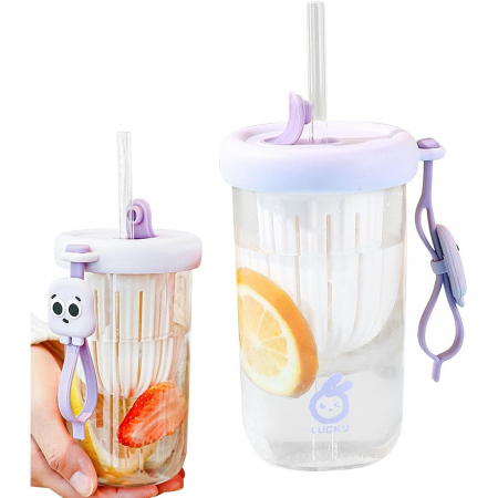Pahar din silicon, cu capac si pai, pentru copii, , anti-cadere, compartiment pentru fructe/ceai/gheata, rezistent la temperaturi inalte, 500ml, Mov, 14.5x8.8x20 cm [5]