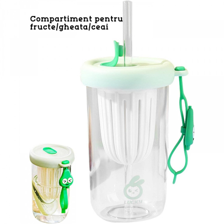 Pahar din silicon, cu capac si pai, pentru copii, , anti-cadere, compartiment pentru fructe/ceai/gheata, rezistent la temperaturi inalte, 500ml, Verde, 14.5x8.8x20 cm [1]