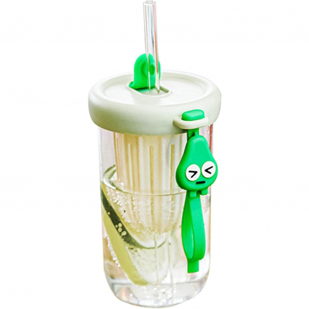 Pahar din silicon, cu capac si pai, pentru copii, , anti-cadere, compartiment pentru fructe/ceai/gheata, rezistent la temperaturi inalte, 500ml, Verde, 14.5x8.8x20 cm [4]