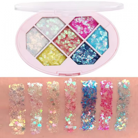 Paleta cu Glitter, , Varianta 1, 7 Nuante, Pentru Corp si Par, 50 g, Rezistent la Apa, 9.8 x 6.8 cm, Multicolor [1]