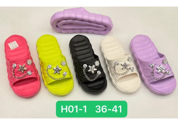 Haine si accesorii Engros - Papuci de vară pentru damă model turnat, confortabili, stilizați cu lanț și strasuri mari, culori combinate, mărimi 36-41, 