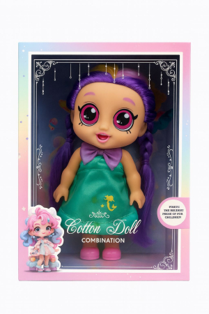 Papusi si accesorii - Papusa muzicala Cotton Doll cu Rochie Verde si Par Mov – Jucarie pentru Fetite, 28x20x10cm