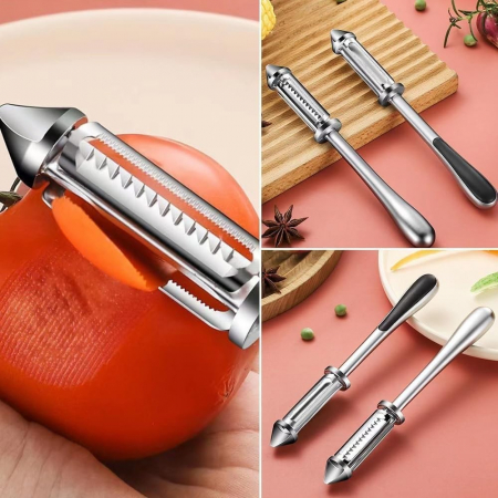Peeler 2in1 pentru Legume si Fructe, , Multifunctional, cu 2 Lame de Curatati si Feliat, Varf Ascutit pentru Gaurit, 18 cm, din Otel Inoxidabil, Argintiu/Negru [3]