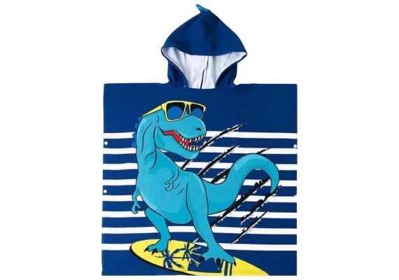Articole pentru Casa Engros - Poncho copii cu gluga 56x60 cm – model dinozaur surfer cu ochelari, material din poliester moale, ideal pentru plaja sau piscina, 