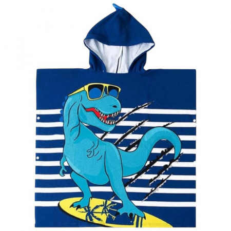 Poncho copii cu gluga 56x60 cm – model dinozaur surfer cu ochelari, material din poliester moale, ideal pentru plaja sau piscina,  [1]