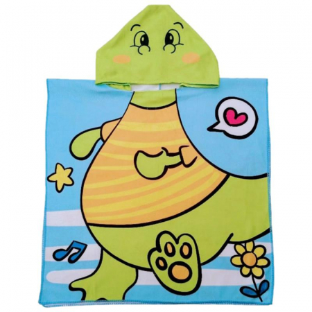 Poncho copii cu gluga 56x60 cm – model dinozaur vesel, din poliester moale, ideal pentru plaja, piscina sau baie,  [1]